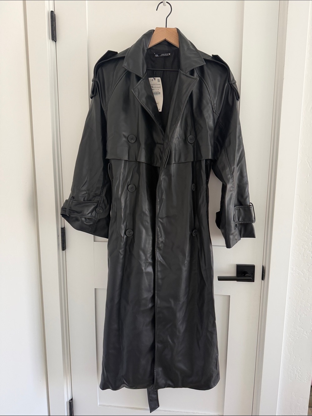 Zara Black Faux/ Vegan Leather Double-Breasted Trench Coat